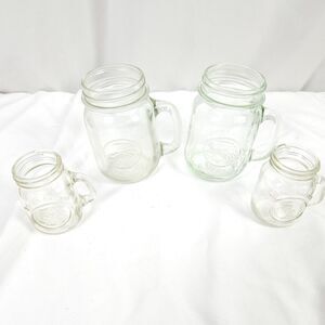 VTG Set of 4 Golden Harvest Mason Drinking Jar with Handles Green & Clear Glass